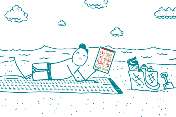 Illustration of person sitting on the beach reading "And the Band Played On"