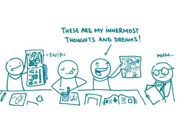 Doodles make collages, saying "These are my innermost thoughts and dreams!" as a scientist Doodle looks on and takes notes.