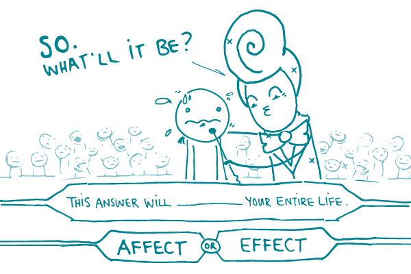 Illustration of a doodle on a game show, sweating as they decide whether to answer "affect" or "effect" to the question "This answer will ____ your entire life." The game show host is standing over them with a microphone saying "So. What'll it be?"