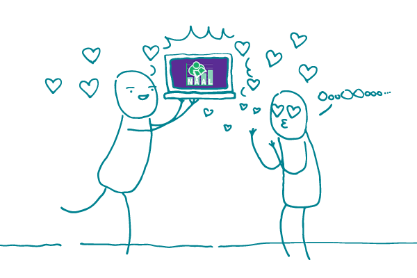 Illustration of 2 people looking at the NAAL website with hearts all around them. 