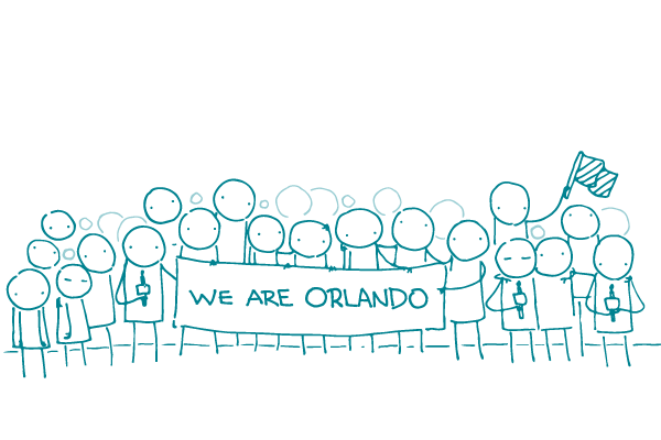 Illustration of a group of doodles standing together, holding candles and a sign that says "We are Orlando."