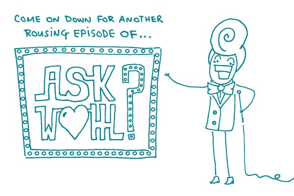 Illustration of game show host standing with lighted sign saying "Come on down for another rousing episode of "Ask WHHL?"