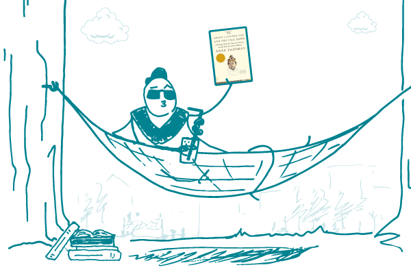 Illustration of a doodle in a smoking jacket and sunglasses, sitting in a hammock, sipping a drink out of a curly straw and holding a copy of "The Spirit Catches You and You Fall Down."
