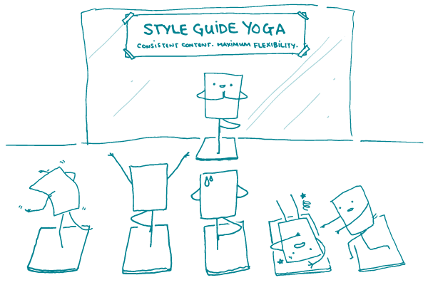 Illustration of pieces of paper in a "Style Guide Yoga" class with the slogan "Consistent content, maximum flexibility". 