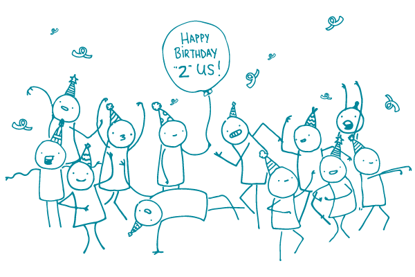 Illustration of doodles having a party with a balloon that says "Happy Birthday '2' us!"