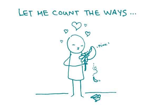 Illustration of doodle pulling petals off a daisy, surrounded by hearts, saying "Let me count the ways..."