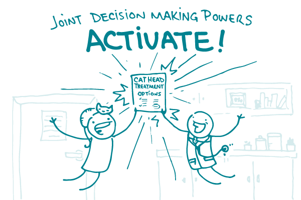 Illustration of a doodle with a cat on their head, and a doctor, jumping and holding up a paper that says "Cat Head Treatment Options" under the header "Joint Decision Making Powers: Activate!"