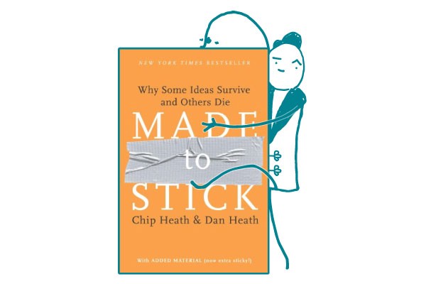 Illustration of doodle hugging the cover of the book "Made to Stick"
