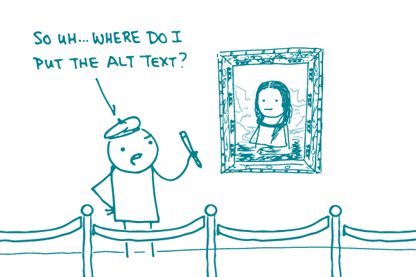Illustration of stick figure writing alt text.