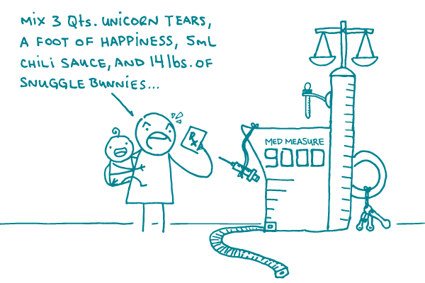 A puzzled parent reads the instructions for a complex "Med Measure 9000" machine: "Mix 3 qts. unicorn tears, a foot of happiness, 5mL chili sauce, and 14 lbs of snuggle bunnies..."