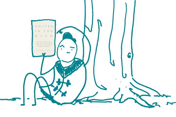 Illustration of stick figure under a tree reading "Voices in the Band"