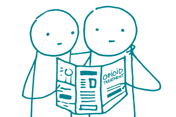 2 stick figures, one with their arm around the other, look at a pamphlet titled "Opioid Treatment"