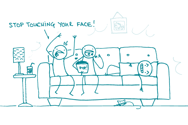 Doodles sit on the couch watching "Contagion" — one eats popcorn and another shouts, "Stop touching your face!"