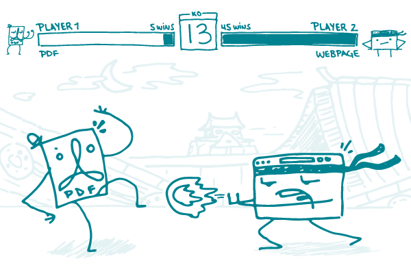 Video game with a PDF battling a webpage. The webpage is throwing a fireball at the PDF and winning 45 to 5.