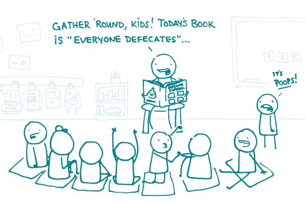 A teacher says to a gathered class of young children, "Gather round, kids! Today's book is 'Everyone defecates'" while a child looks on, saying, "It's POOPS!"