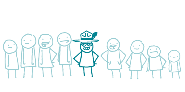 Nine doodles stand in a line. The doodle at the center of the line is darker in color than the others, has its hands on its hips, and wears sunglasses and a hat with a feather. The four doodles on either side of the middle doodle are faded in color and do not have accessories.