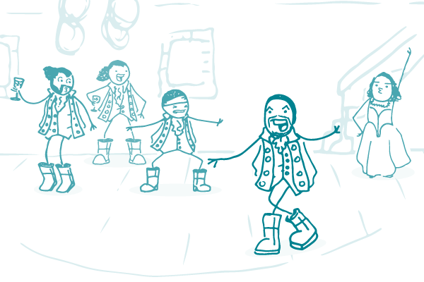 Doodles dressed as the characters from the cast of Hamilton dance across a stage.