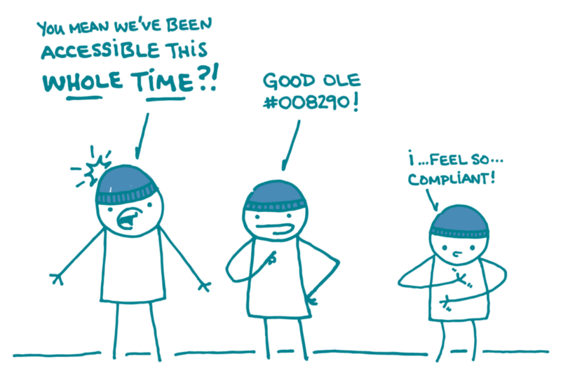 Three doodles stand next to one another, wearing blue beanie hats. The first one says, "You mean we've been accessible this WHOLE TIME?!" The second one says, "Good ole #008290!" The third one says, "I...feel so...compliant!"