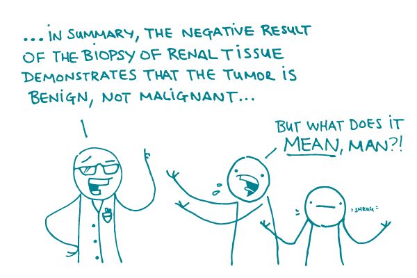 Illustration of stick figure doctor saying "...in summary, the negative result of the biopsy of renal tissue demonstrates that the tumor is benign, not malignant..." as another stick figure says "But what does it MEAN, man?!" and a third figure shrugs.