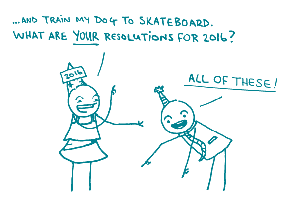 Illustration of 2 Doodles in New Years hats, with one saying "...and train my dog to skateboard. What are YOUR resolutions for 2016?" and the other responding "all of these" while pointing towards the contents of this blog post.