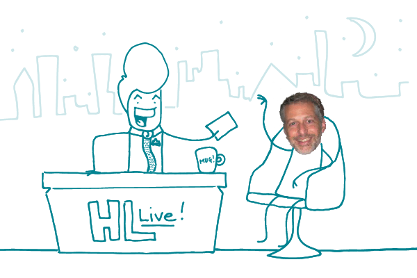 Illustration of stick figure hosting the talk show "Health Lit Live!" with Dr. Michael Paasche-Orlow as a guest. 