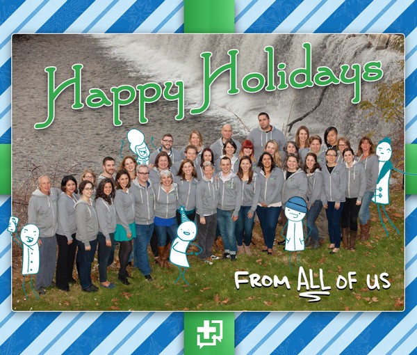 CH Holiday Card that says "Happy Holidays...from all of us" with a picture of the CH team plus several Doodles.