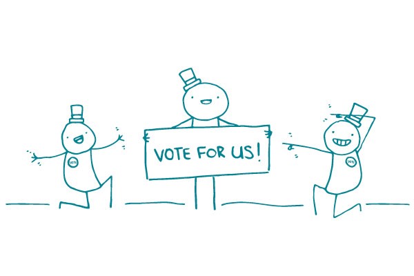 Illustration of stick figure holding a sign that says "Vote For Us!"
