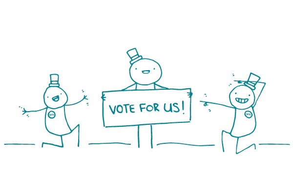 Illustration of stick figure holding a sign that says "Vote For Us!"