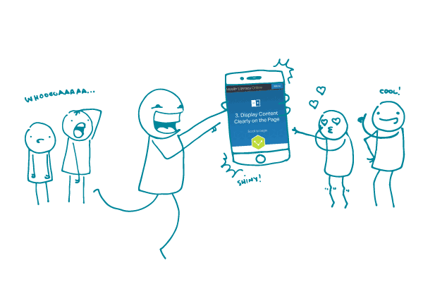 Illustration of stick figures swooning over a phone with Health Literacy Online on it.