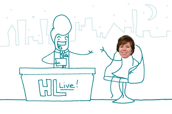 Illustration of stick figure hosting the talk show "Health Lit Live!" with Dr. Cynthia Baur as a guest. 