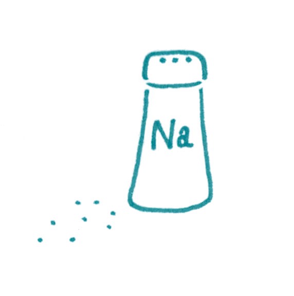 Picture of a salt shaker with the symbol for Sodium (Na) written on it.